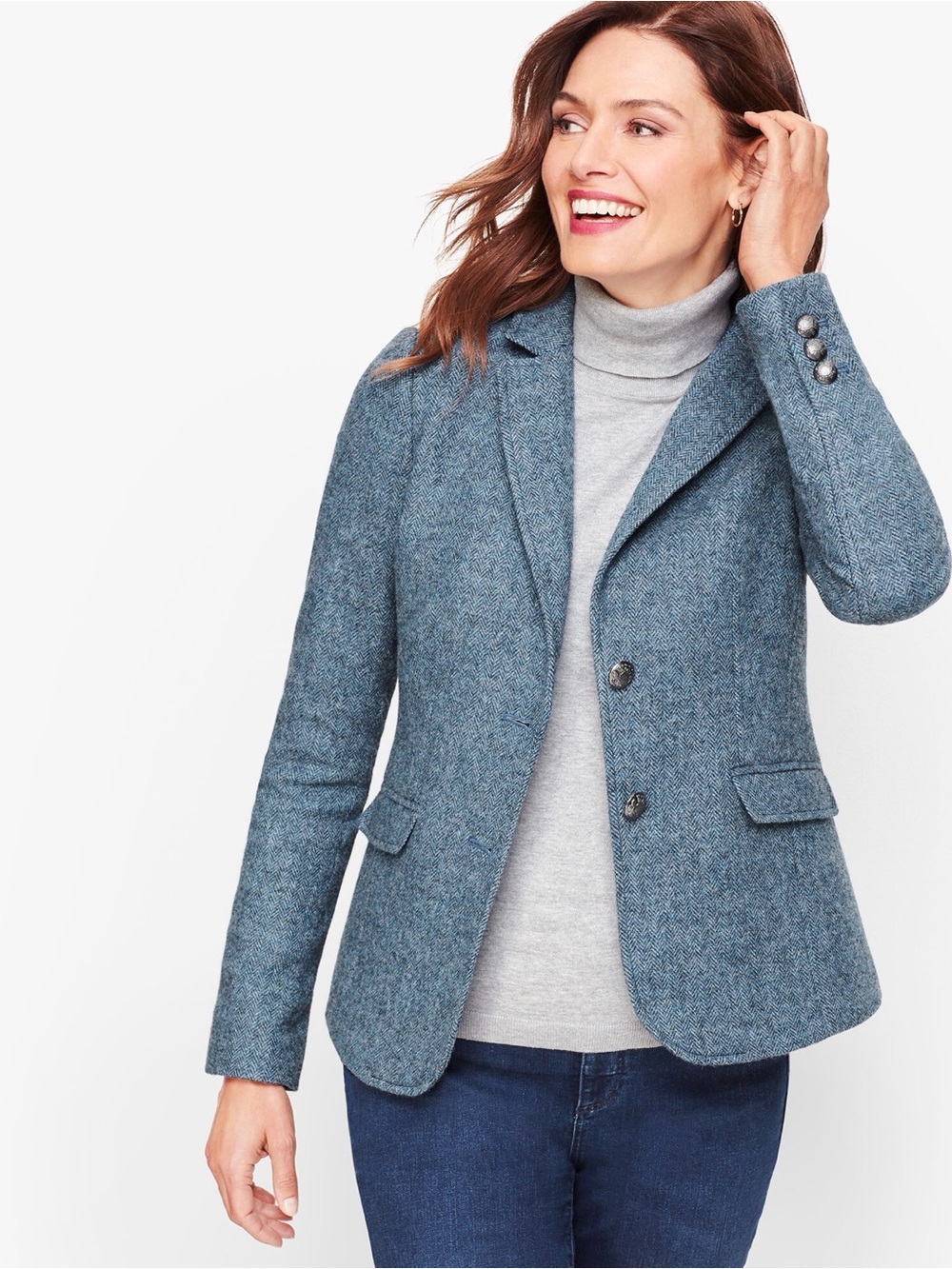Talbots Shetland Wool Blend Blazer Heathered Blue Herringbone Horse Lining Sz 10